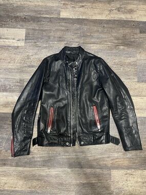 Diesel Black Leather Bomber Jacket with Red Zip Accents